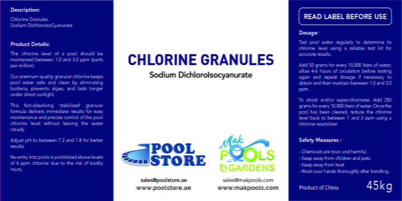 Chlorine Granules SDIC | 45 Kg Drum | HS Code: 29336900 | Brand: Generic | Origin: China