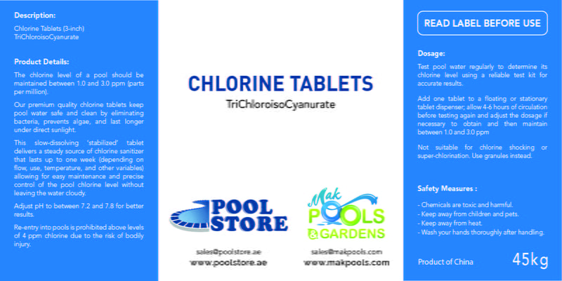 Chlorine Tablets TCCA | 45 Kg Drum | HS Code: 29336900 | Brand: Generic | Origin: China